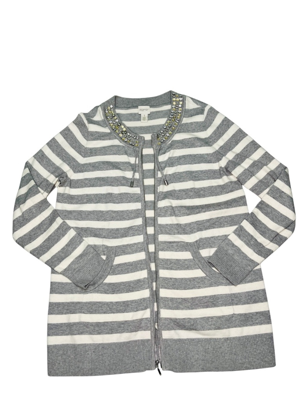 Chico’s Striped Knit Cardigan Gray White Size 1 Medium Cotton Casmere Blend